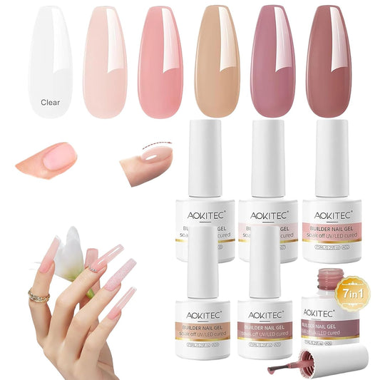 Aokitec 7-in-1 Builder Nail Gel Set, 6 Colors Pink Nude Milky White Hard Gel Builder Nail Strengthener Extension Nail Polish Rhinestone False Nail Tips Glue in a Bottle, Gifts for Women