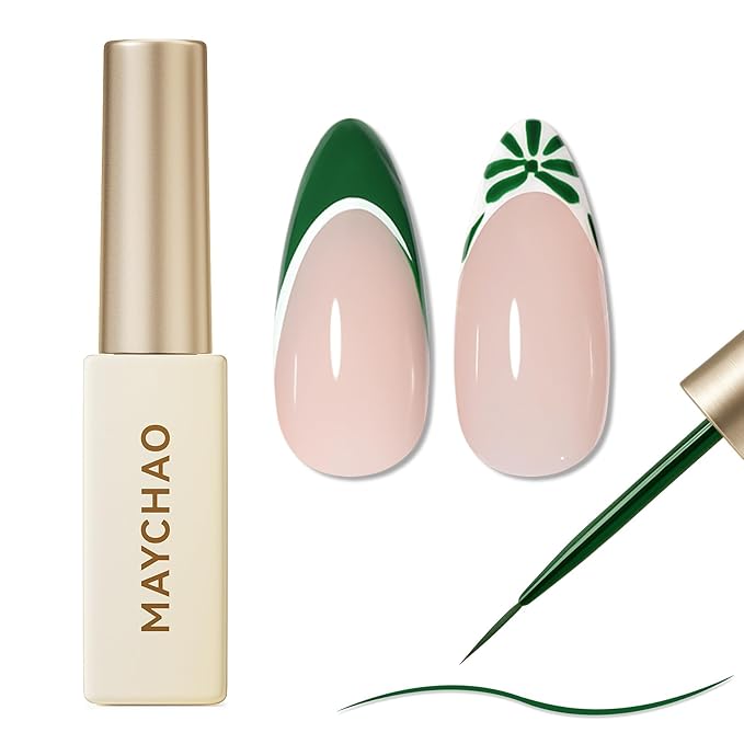 MAYCHAO Green Swirl Gel Liner Nail Art Polish, 8ml Classic Christmas Green Gel Color Built-in Thin Brush, UV Light Cure for French Nail Tips DIY Manicure at Home Salon