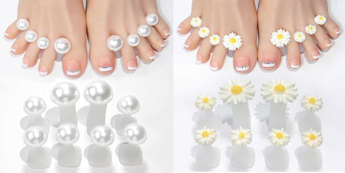 16pcs White Pearl Daisy Toe Separators Silicone for Pedicure Nail Polish Gel Foot Toe Spacers Pedicures Nail Art Tools(8pcs White Pearl+ 8pcs Daisy)