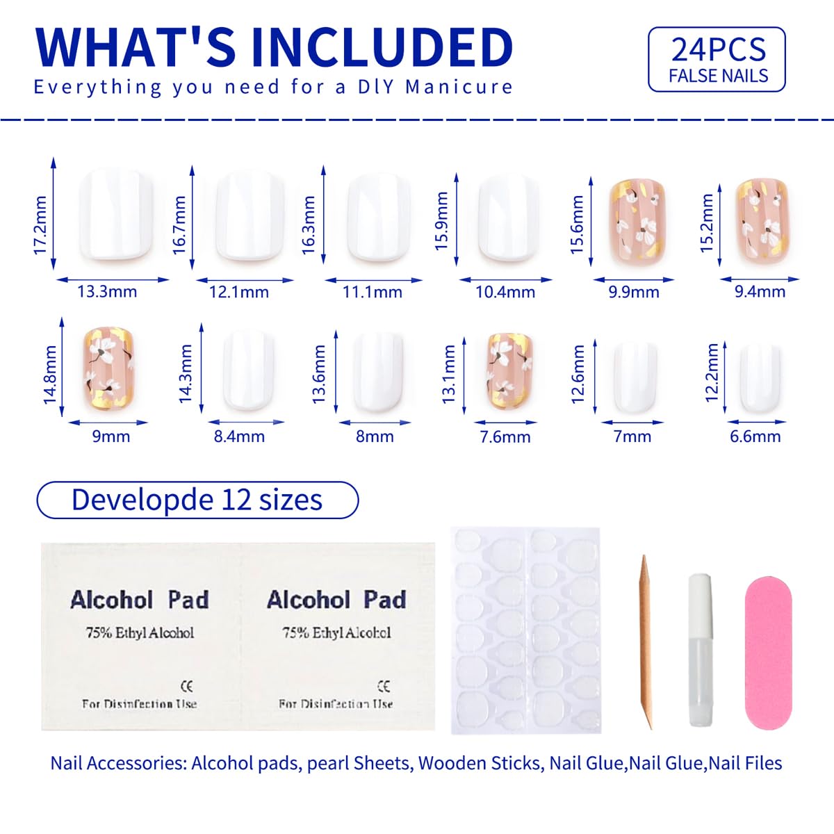 Summer Press on Nails Short Square, White Fake Nails with a Few Nude Nails Featuring Delicate Gold-Foil Flower Designs, Glossy Finish Acrylic Nails, Natural Reusable Glue on Nails Kit