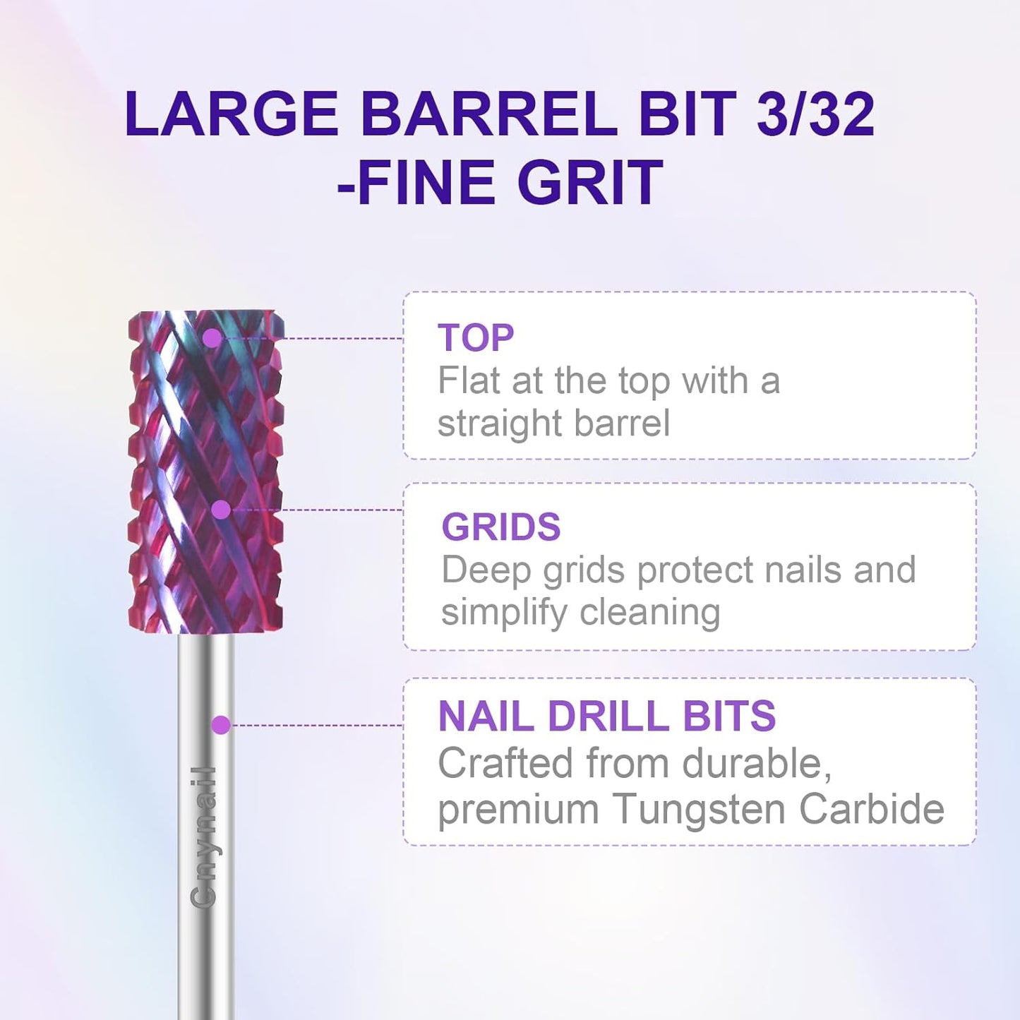 3/32" Large Barrel Bit Tungsten Carbide Nail Drill Bit Safety Bit for Gel & Acrylic Removal, 2- Way Rotating Efile Tip, Salon Electric File Accessory (4XC Girt, Purple)