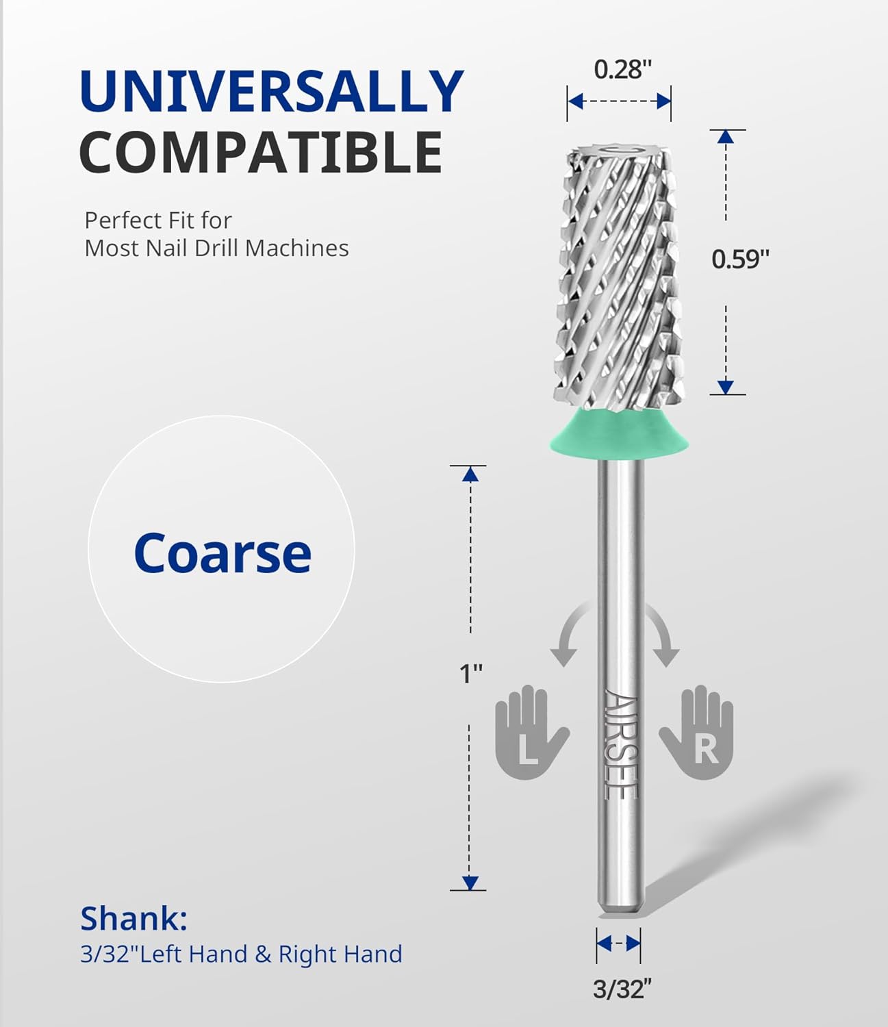 AIRSEE Tungsten Carbide Acrylic Nail Drill Bit Efile Electric File Machine Head Tip for Manicure Polishing Art Remove Gel 3/32" 2 Way Professional Tech Flat Top Tapered Barrel Coarse-C