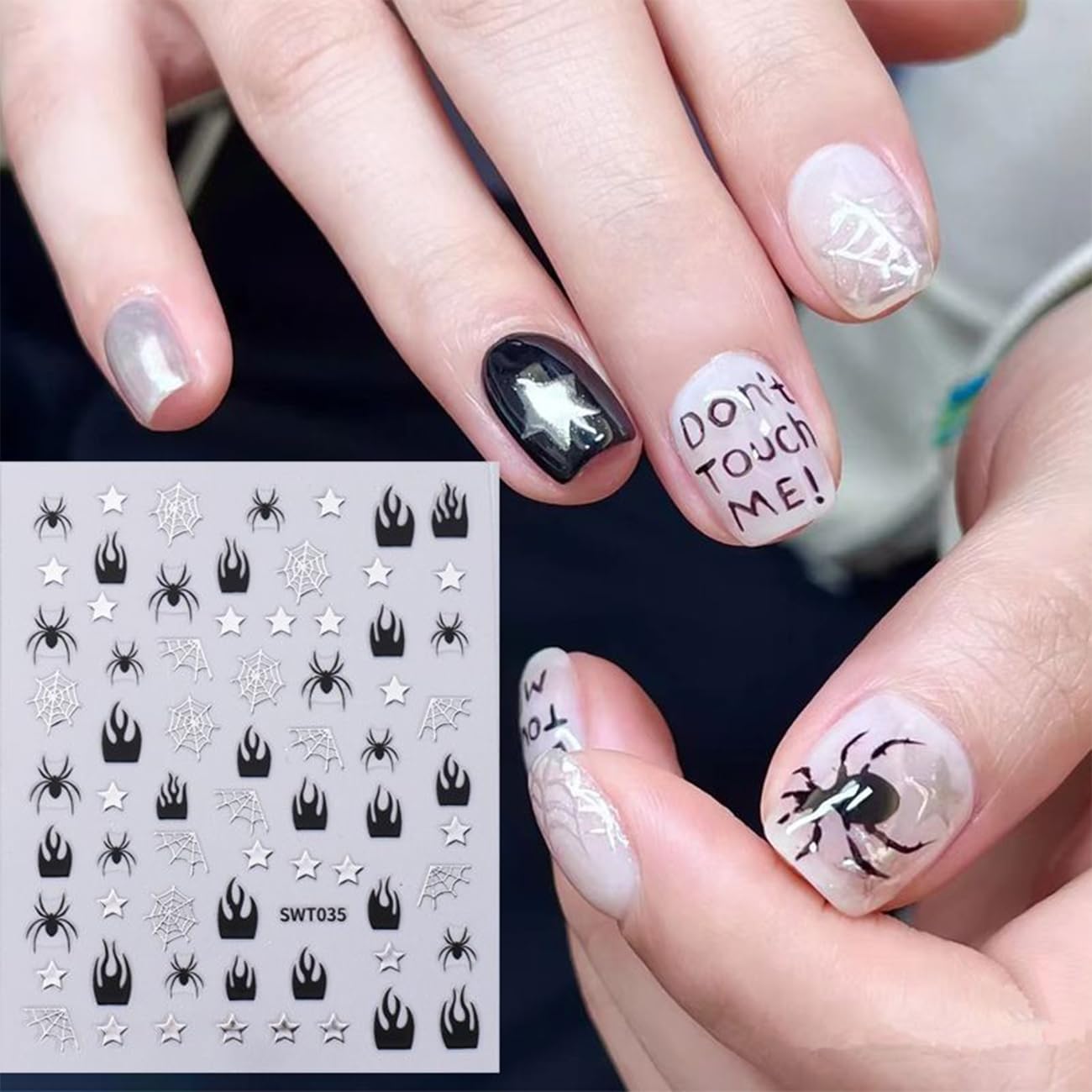 7 Sheets Halloween Nail Stickers 3D for Nail Art Glitter Heart Spider Web Flame Stars Punk Gothic Slider Manicure DIY Nail Art Decoration Accessories for Halloween Party