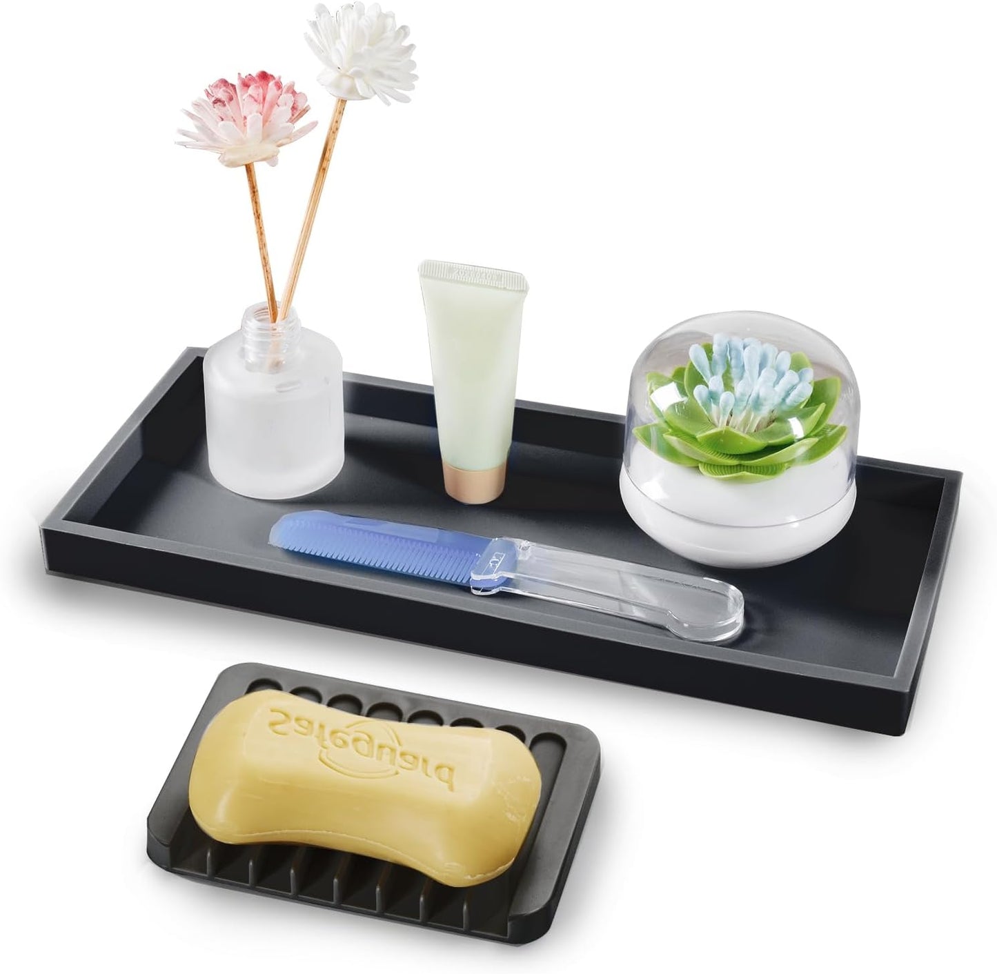 Bloss Vanity Tray with Soap Dish - 15.7" Silicone Tray for Bathroom/Kitchen Counter, Sink Vanity Trays with Soap Holder