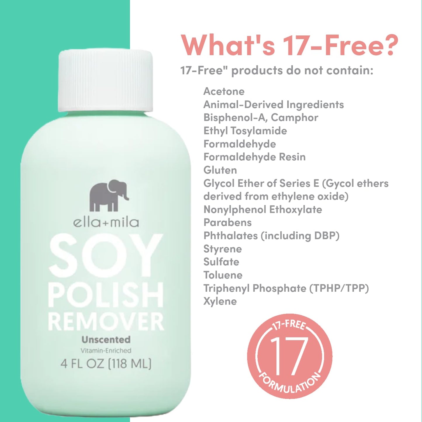 ella+mila Soy Nail Polish Remover – Unscented, Non-Acetone, Non-Toxic Fingernail Polish Remover for Natural Nails – Gentle, Vegan Formula Enriched with Vitamins A, C & E (4 fl oz)