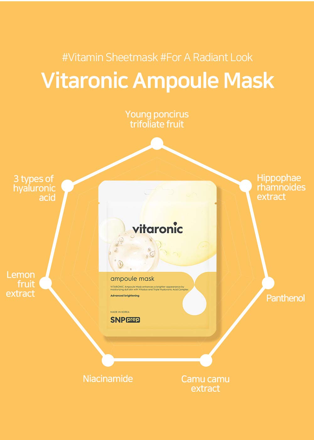 SNP Vitaronic Ampoule Sheet Mask | Nourishing, Moisturizing, and Refreshing for All Skin Types with Vitamin B, C, D, and E | Face Masks Skincare | Korean Skin Care Facial Mask | 10 Sheets
