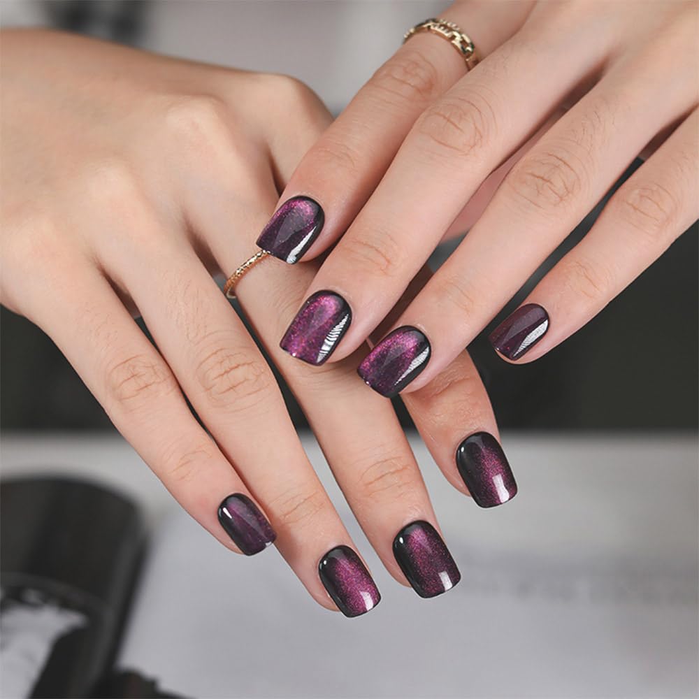 evpct Purple Cat Eye Press on Nails Extra Short Square, Petite Short Press on Glue on Nails for Women Gift, Dark Purple Holographic Glitter Glossy Reusable Stick on Gel Acrylic Fake Nail with Design