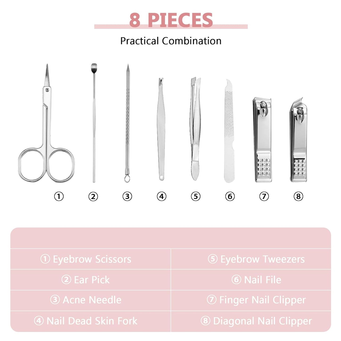 Geosar 12 Sets Manicure Set Nail Clippers Pedicure Kit 8 in 1 Grooming Stainless Steel Kits Nail Care Tools with Travel Case Xmas Gifts for Men Women(Glitter Pink)