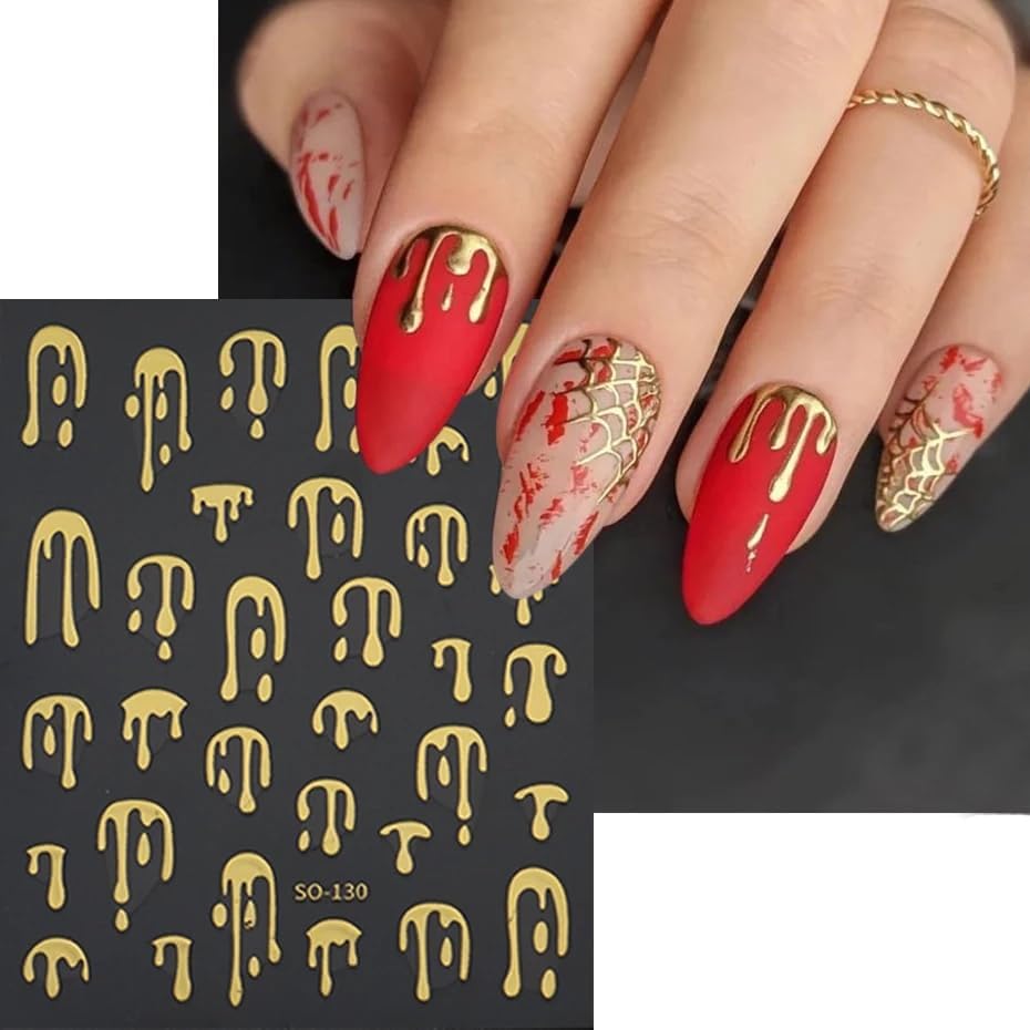 8 Sheets Halloween Nail Stickers for Nail Art 3D Laser Rose Gold Black Nail Decals Self-Adhesive Blood Drop Design Stickers Goth Nails Decals Halloween Nail Decoration for Women Acrylic Manicure Tips