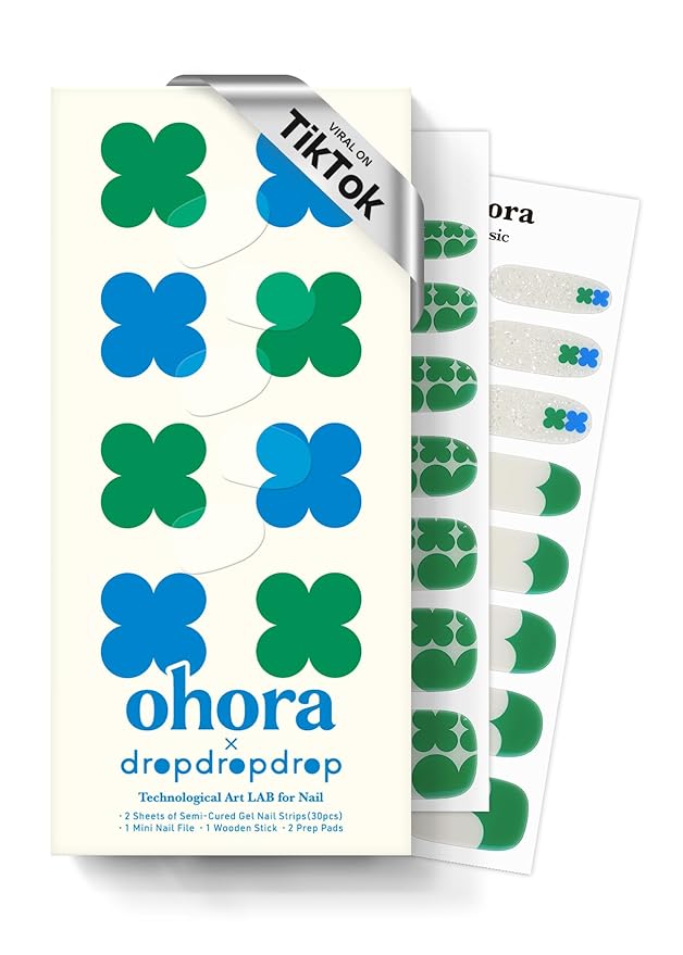 ohora Semi Cured Gel Nail Strips (N Clover Parade) - Works with Any Lamps, Salon-Quality, Long Lasting, Easy to Apply & Remove - Includes 2 Prep Pads, Nail File & Wooden Stick