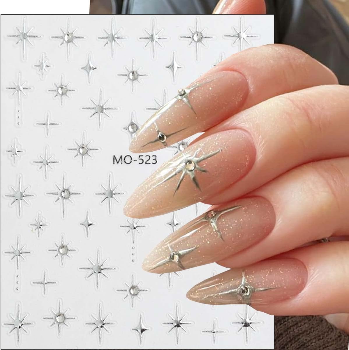 4Pcs Glitter Star Nail Stickers French Tip Nail Art Stickers with Rhinestones Design Star Sticker Gold Silver French Stars Nails Decals DIY Starlight Nails Supplies for Women Frenchs Manicure Charms