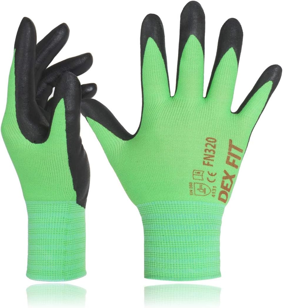 DEX FIT Premium Nylon Nitrile Work Gloves FN320, 3 Pairs, 3D-Comfort Stretchy Fit, Firm Grip, Thin & Lightweight, Durable, Breathable & Cool, Machine Washable; Green 6 (XS)