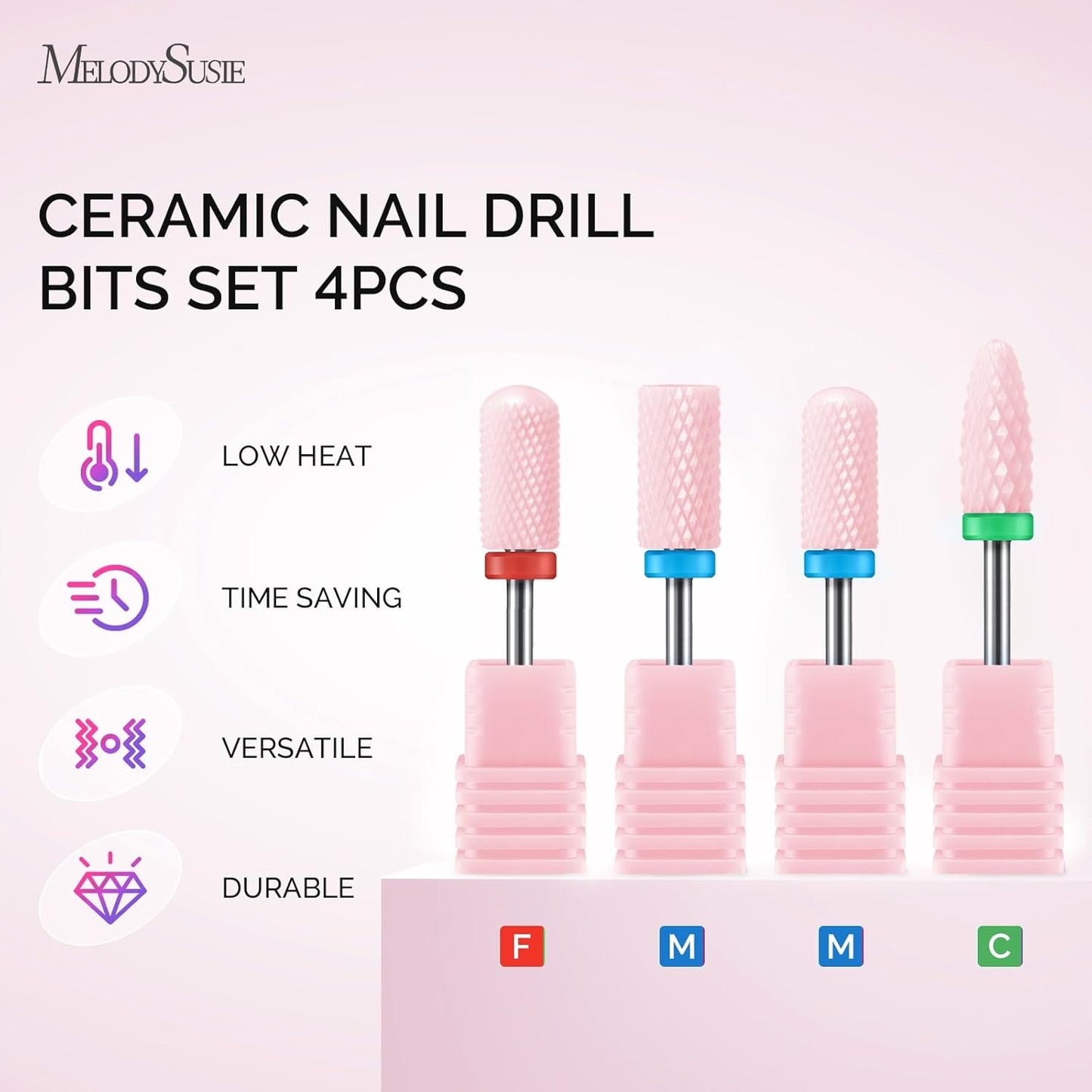 MelodySusie Ceramic Nail Drill Bits Set, 3/32'' (2.35mm) Professional Acrylic Nail File Drill Bit for Manicure Pedicure Cuticle Gel Nail Polishing, 4Pcs, Pink