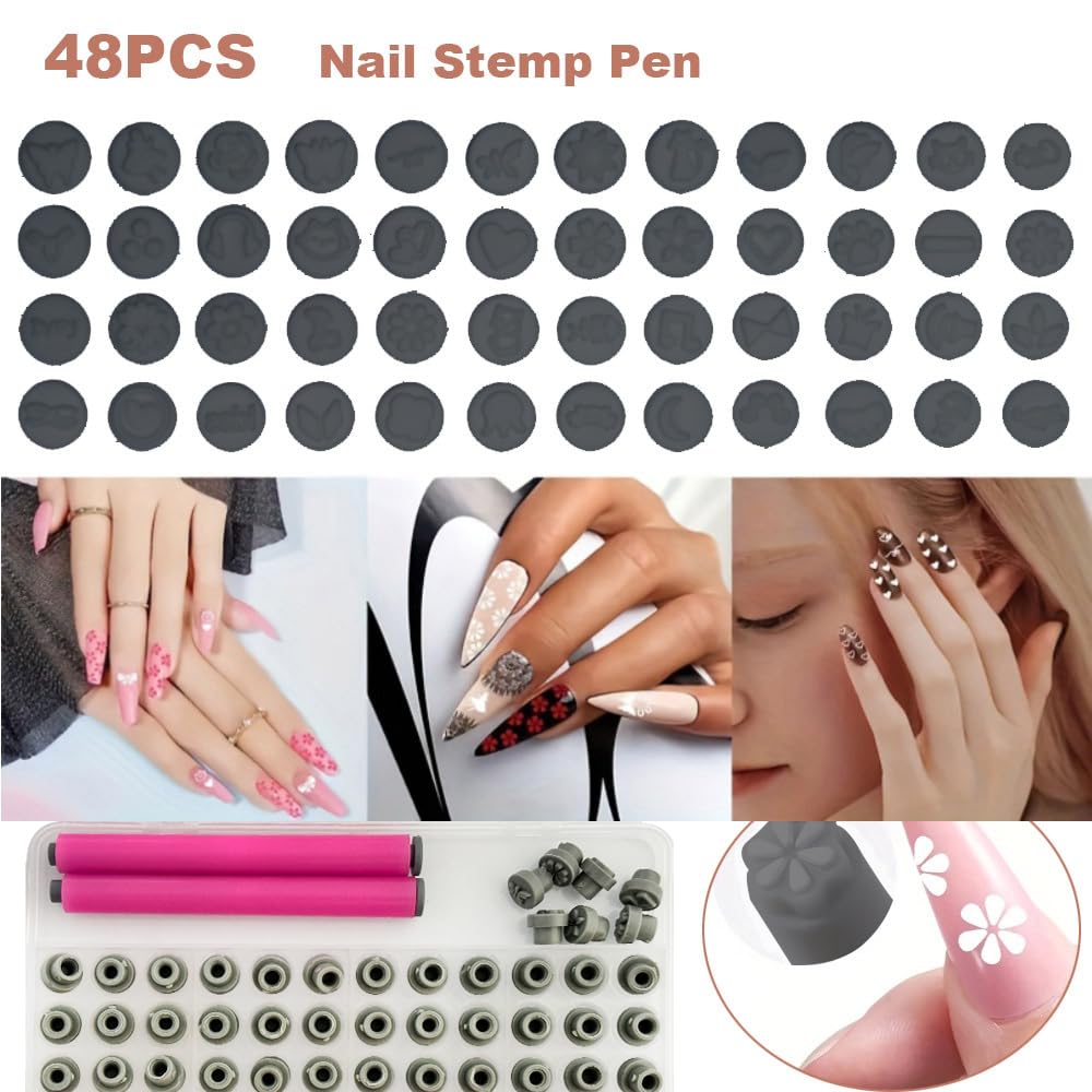 48 Pcs Nail Stamp Pen Set, Nail Art Pens, Quick Nail Art Tools with Different Patterns, Flower Butterfly Rose DIY Nail Stamping Pen Kit, Nail Design Tools for Women (Gray)