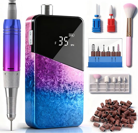 Professional Nail Drill, Lumcrissy 35000RPM Professional Nail File Machine, Rechargeable Efile for Acrylic Gel Nails with Ceramic Drill Bits Set& Sanding Bands for Manicure Salon Home Use