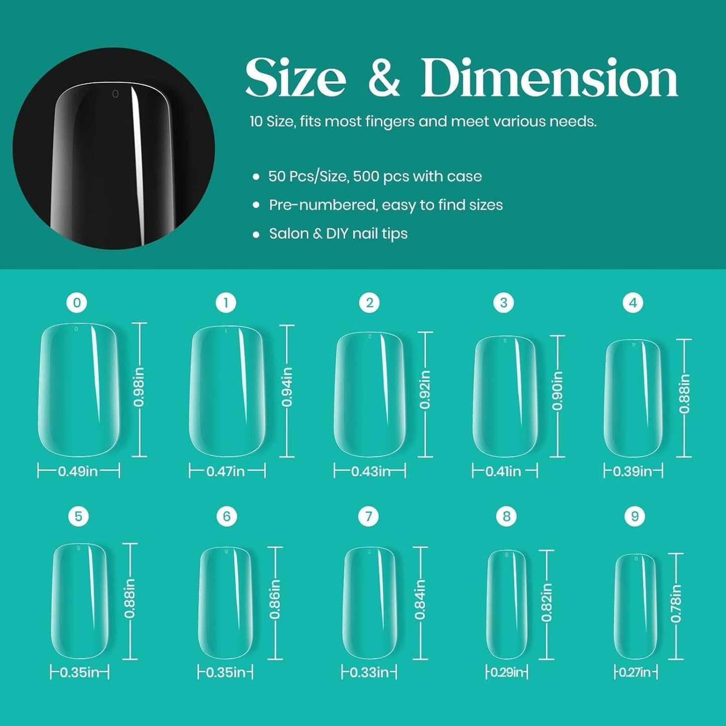 Beetles Medium Square Nail Tips, 500Pcs Nail Kit Medium Square Pre Shaped Clear Full Cover False Nails for Gel Art Polish Soak Off Lamp Nail Extensions Acrylic Press on Nail Tips