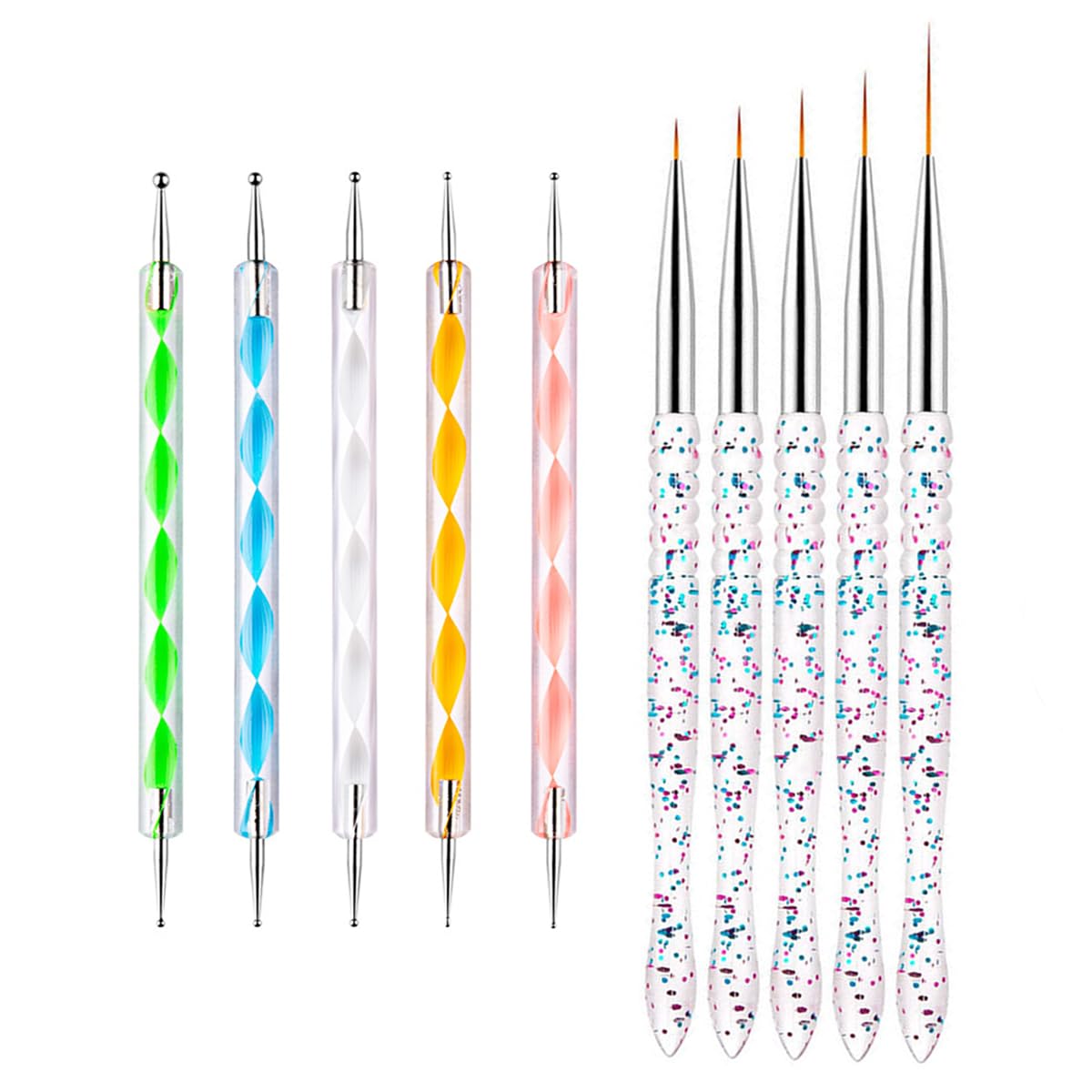 Nail Dotting Tools Kit - 10 Pcs, 5 Double-end Tools, 5 Nail Liner Brushes
