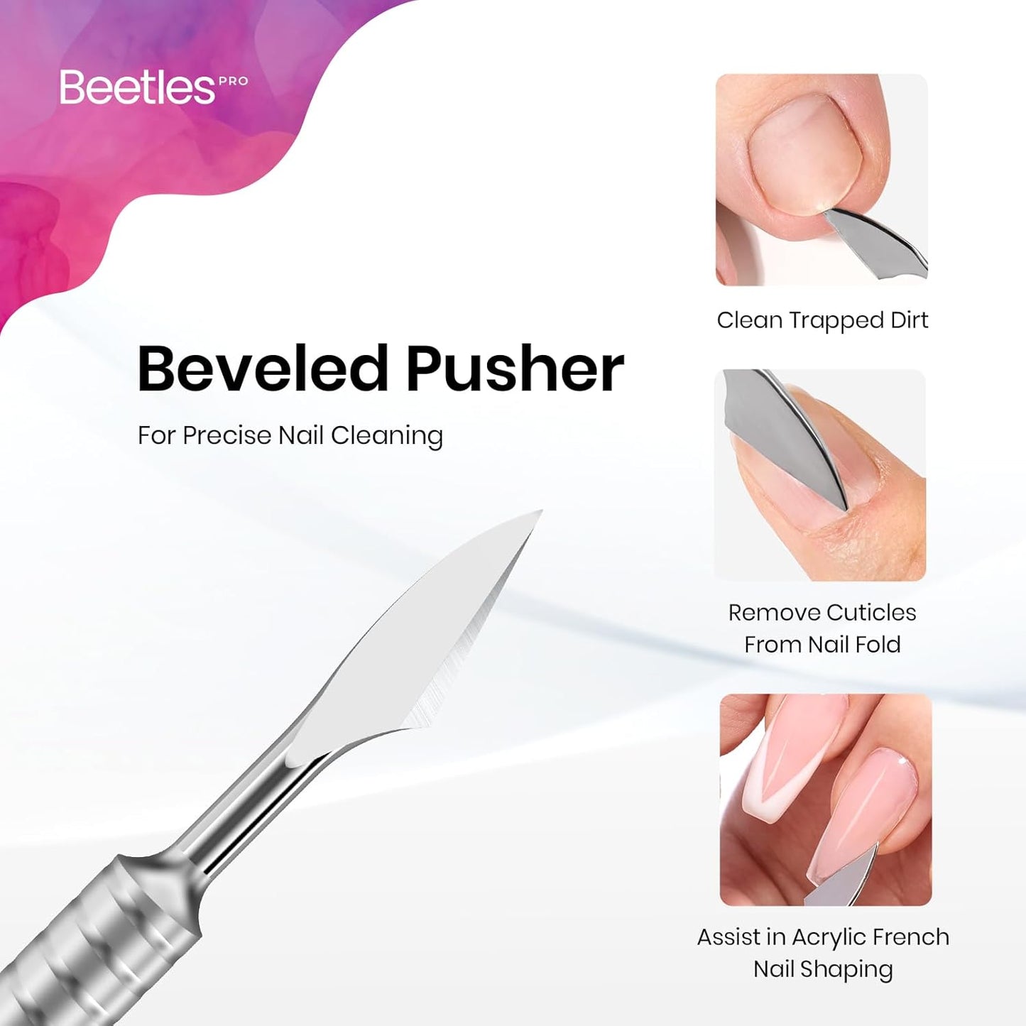 Beetles Pro 1-Pcs Dual-Ended Cuticle Pusher, Professional Horseshoe 11mm and Angled Blade 13mm Precise Cuticle Care, Stainless Steel Handle Nail Tools for Nail Art Prep – Salon Quality Manicure Tool