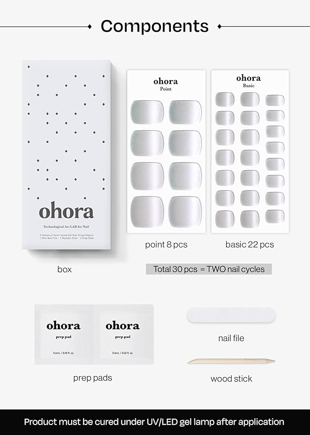 ohora Semi Cured Gel Pedi Strips (P Moonriver) - Works with Any Nail Lamps, Salon-Quality, Long Lasting, Easy to Apply & Remove - Includes 2 Prep Pads, Nail File & Wooden Stick