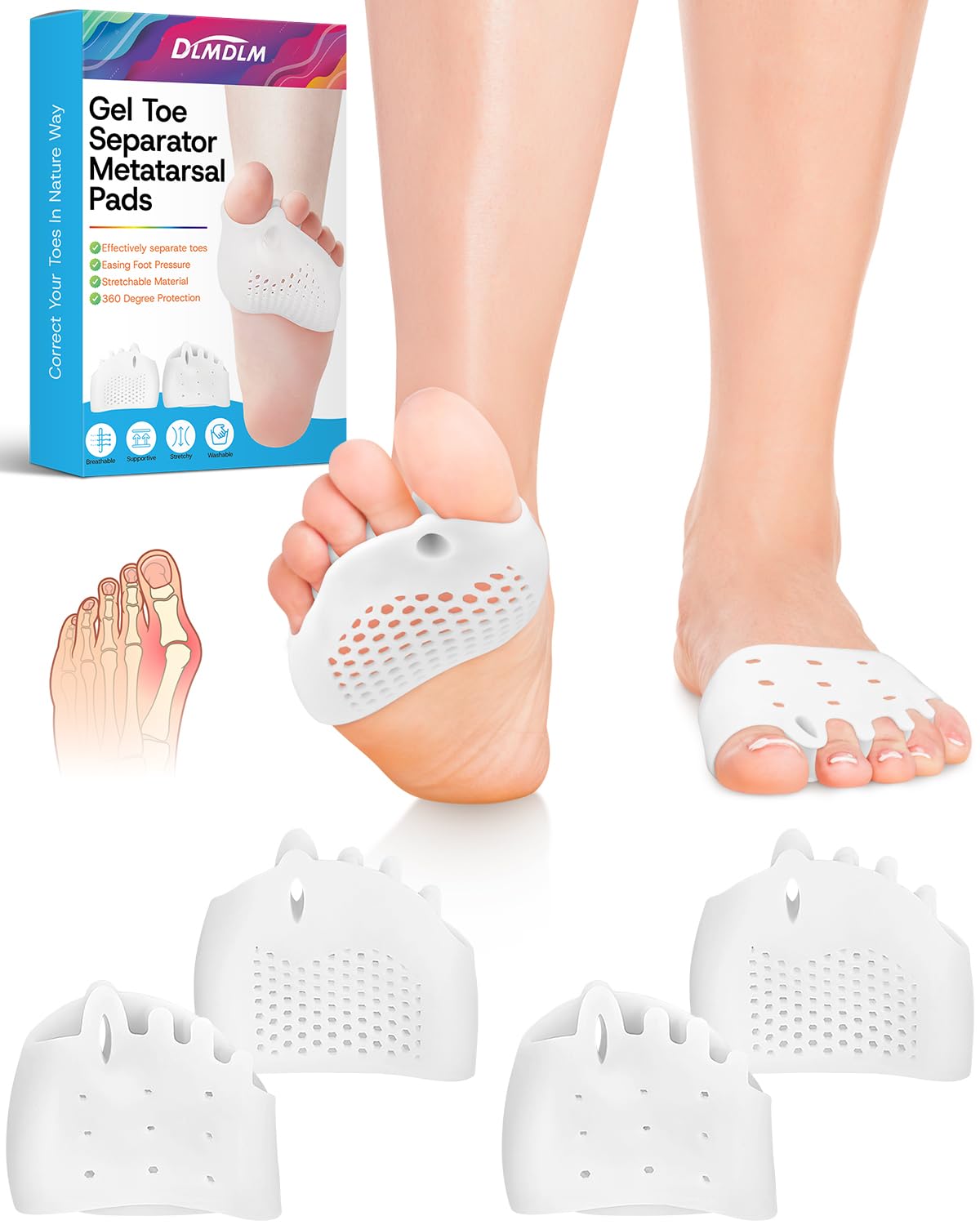 2 Pairs Silicone Toe Separators for Women and Men, Metatarsal Bunion Corrector Cushion, Soft And Breathable Toes Spacers for Foot Pain Relief (2*White)