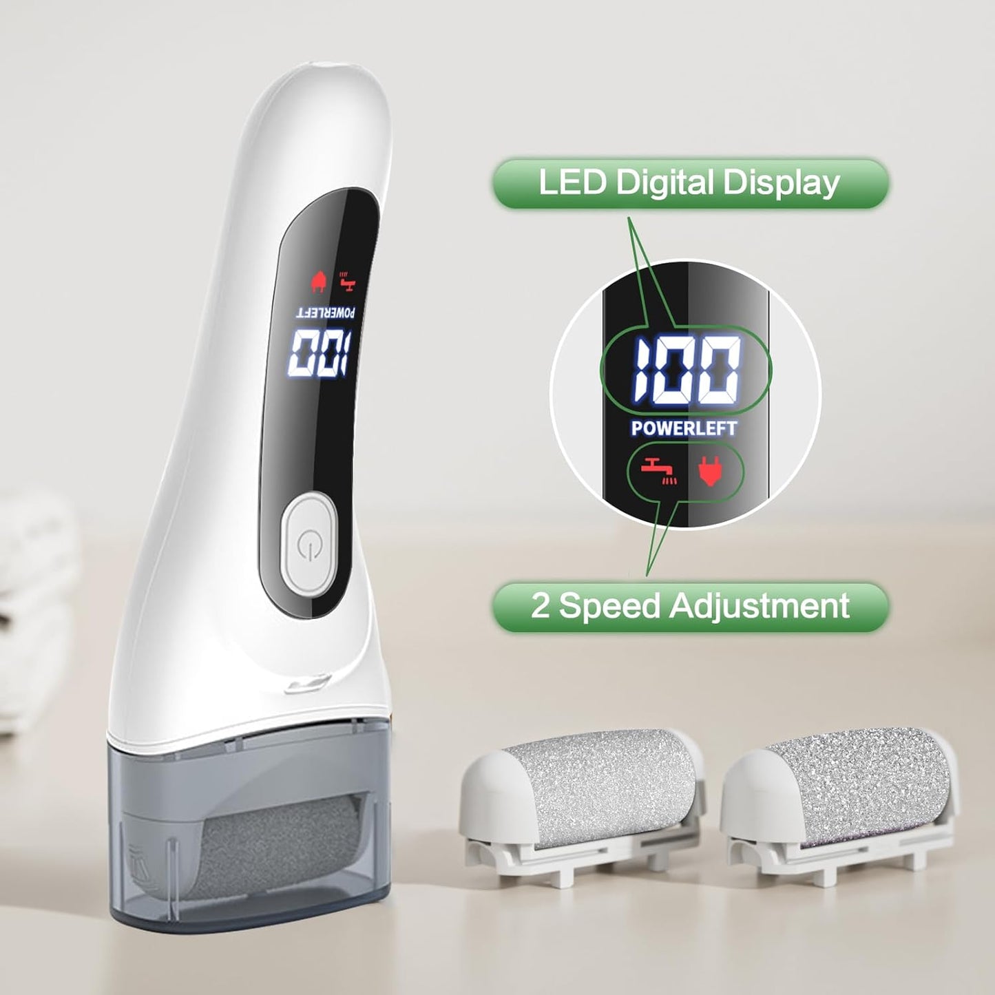 Electric Foot Callus Remover, LED Light & Display Electric Foot File, Rechargeable Waterproof Electric Foot Filer, 3 Replacement Rollers & USB-C Charging Foot Sanders for Feet White
