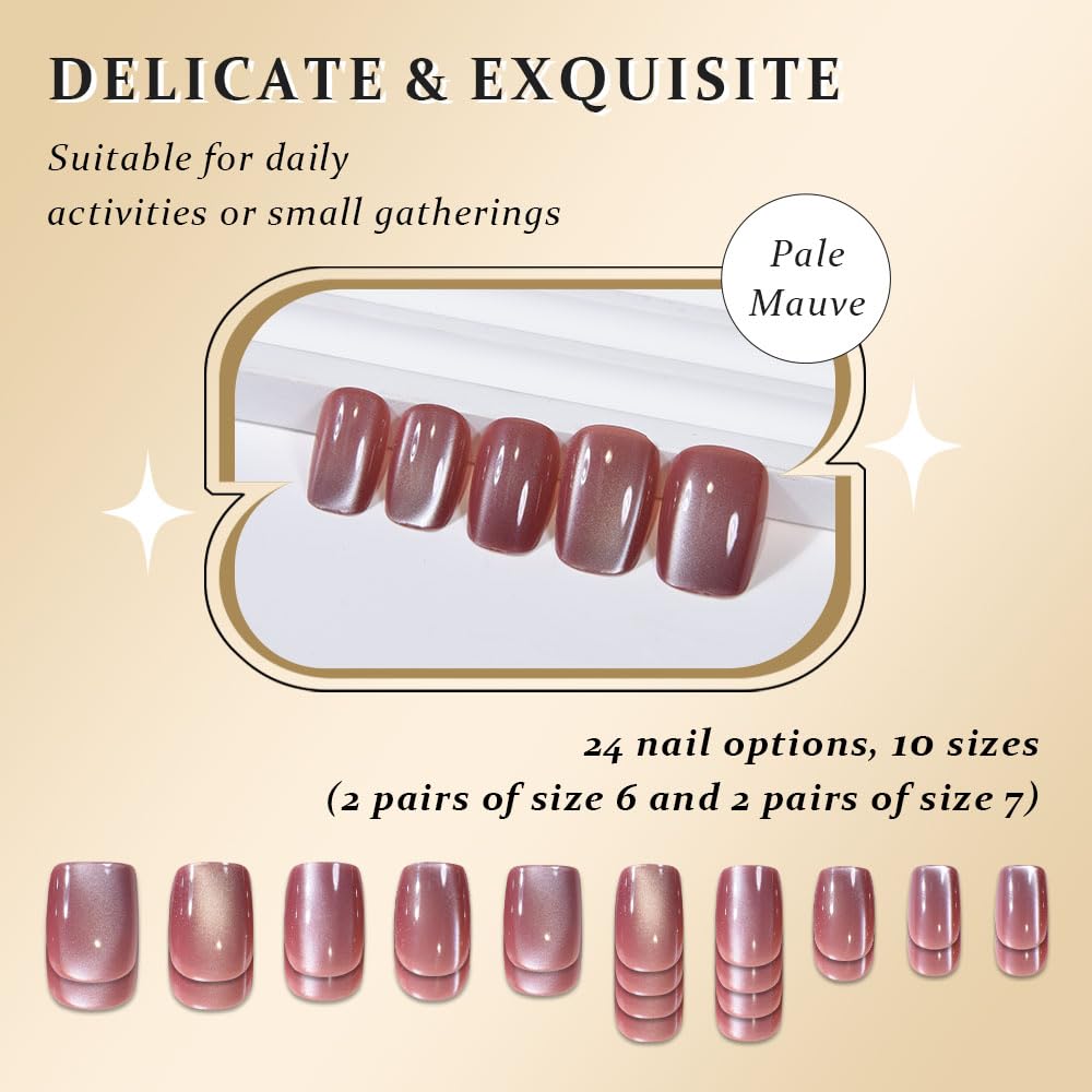 evpct Pale Mauve Cat Eye Short Press on Nails Square, Glue on Nails Short Square for Women Gift, Mauve Metallic Glitter Glossy nails press ons, Reusable Stick Press on Acrylic Fake Nail with Designs