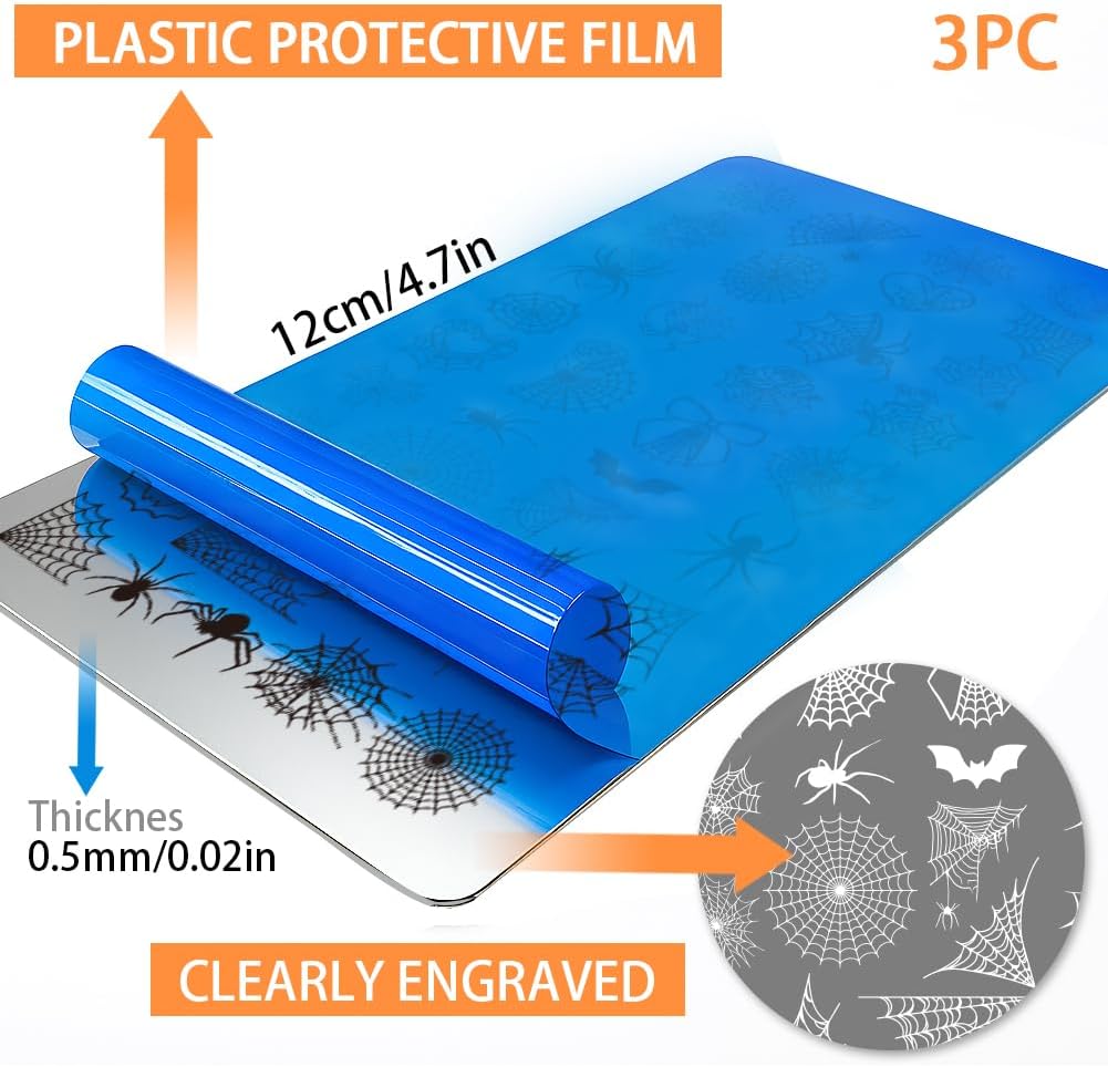 PH PandaHall 3pcs Spider Web Nail Stamping Plates Halloween Nail Art Plates Gothic Skull Nails Image Plates Spooky Cobwebs Patterns Manicure Art Templates for DIY Print Manicures Salon Design