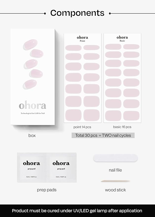 ohora Semi Cured Gel Nail Strips (N Bare Pink) - Works with Any Lamps, Salon-Quality, Long Lasting, Easy to Apply & Remove - Includes 2 Prep Pads, Nail File & Wooden Stick
