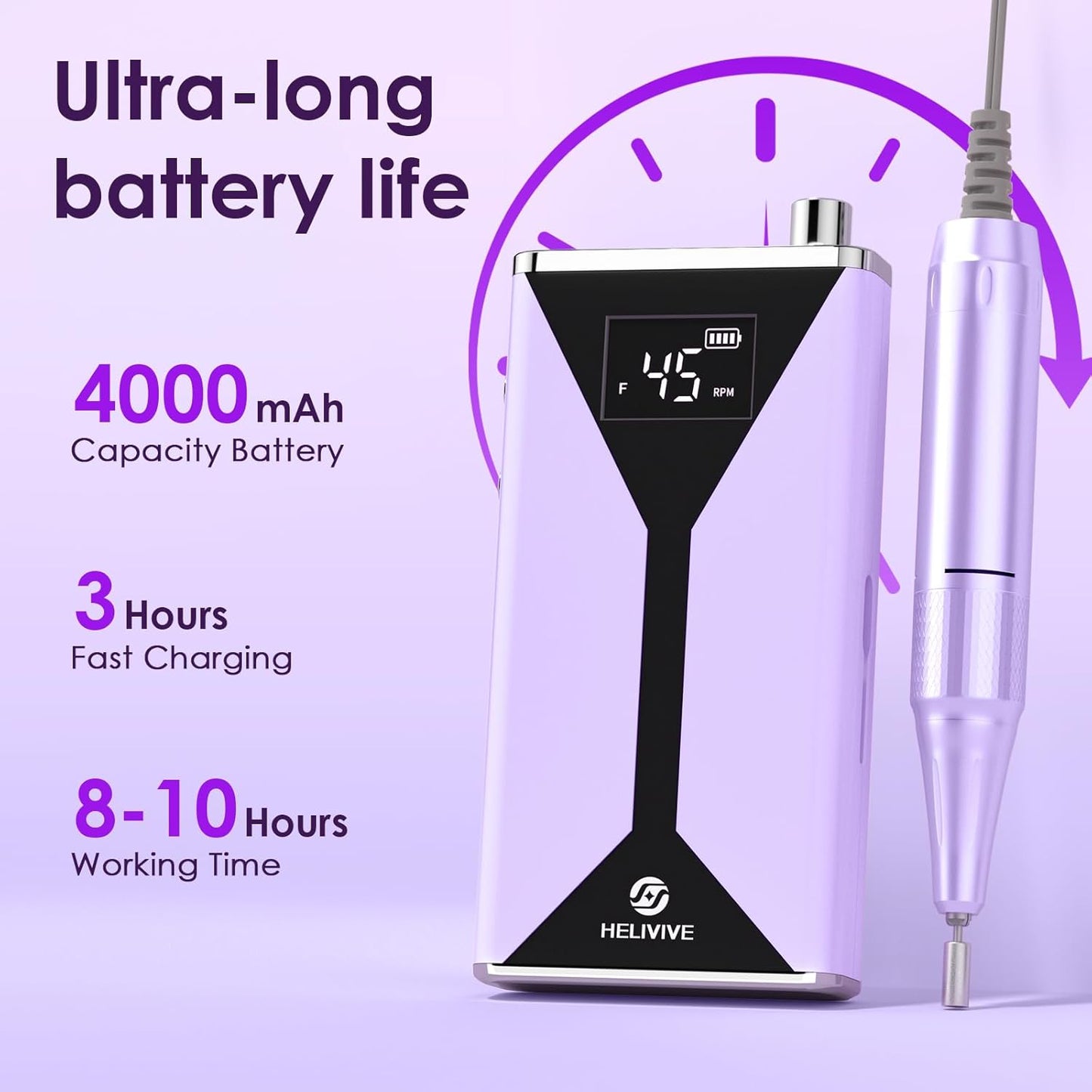 Professional Electric Nail Drill 45000RPM (Portable & Rechargeable) (with 11 Drill Bits ) Cordless Nail File Machine for Shaping, Polishing & Removing Gel Nails for Salon Home(Purple)