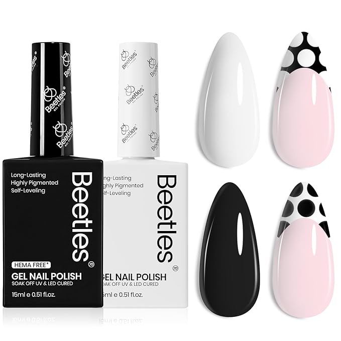 beetles Balck and White Gel Polish, Monochrome Aesthetics Hema-Free Black and White Color Gel Set, 2 Pcs 15ml Polish Soak Off Led French Nail Art Manicure Salon Diy at Home