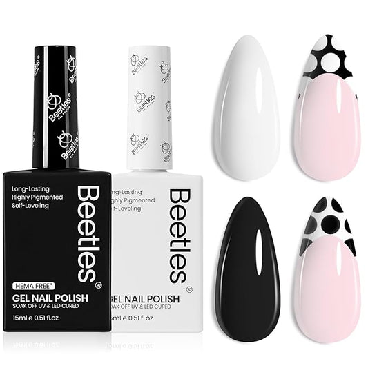 beetles Balck and White Gel Polish, Monochrome Aesthetics Hema-Free Black and White Color Gel Set, 2 Pcs 15ml Polish Soak Off Led French Nail Art Manicure Salon Diy at Home