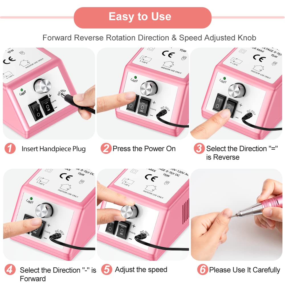Professional Nail Drill Machine 30000 RPM Efile Electric Nail Filer Kit for Finger Toe Nails, Acrylic Gel Nails, Manicure Pedicure Drill with 6Pcs Nail Bits, 106Pcs Sanding Bands - Pink