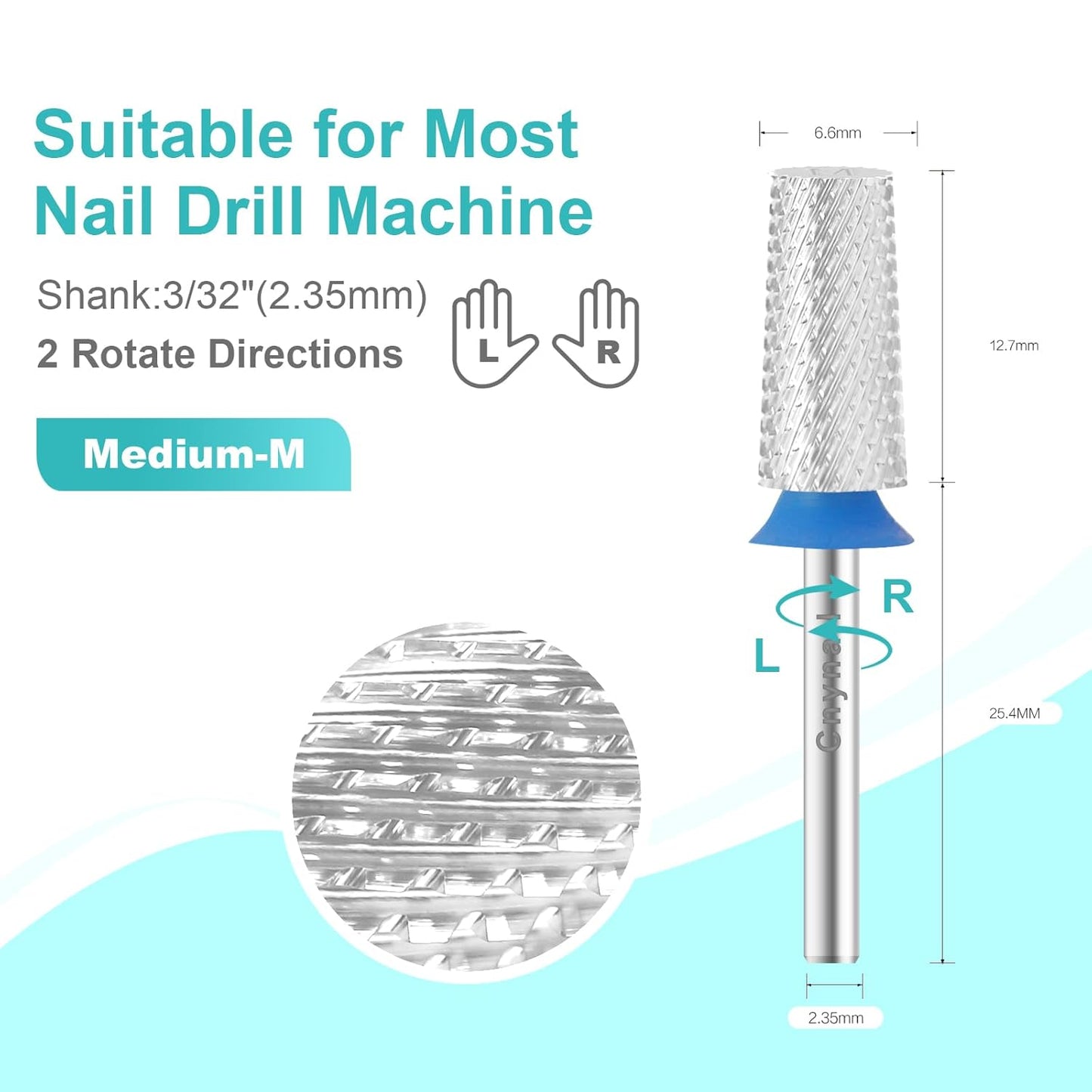 3/32" Large Tapered Barrel Flat Bit Tungsten Carbide Nail Drill Bit Safety Bit for Gel & Acrylic Removal, 2- Way Rotating Efile Tip, Salon Electric File Accessory (M Girt, Silver)