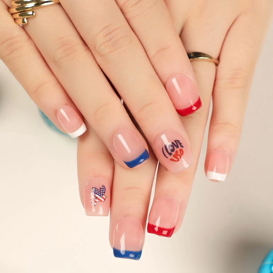Independence Press On Nails Short Square, 4th of July Fake Nails, French Tip Design with Red, White, and Blue Accents, Glossy Gel Finish Acrylic Press Ons, Thick Reusable Glue On Nails for Women