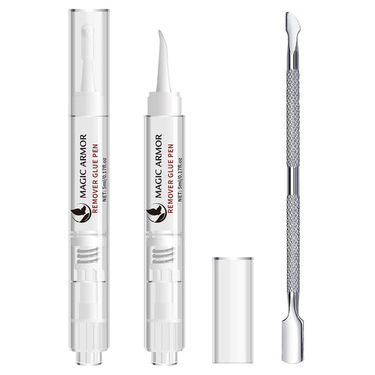 2-Pack Nail Glue Remover Pens with Cuticle Pusher – Click Pen Design for Easy Press-On Nail Removal – Quick & Gentle Adhesive Debonder for Fake Nails – Not for Gel Polish or Base Coat (5ml Each)