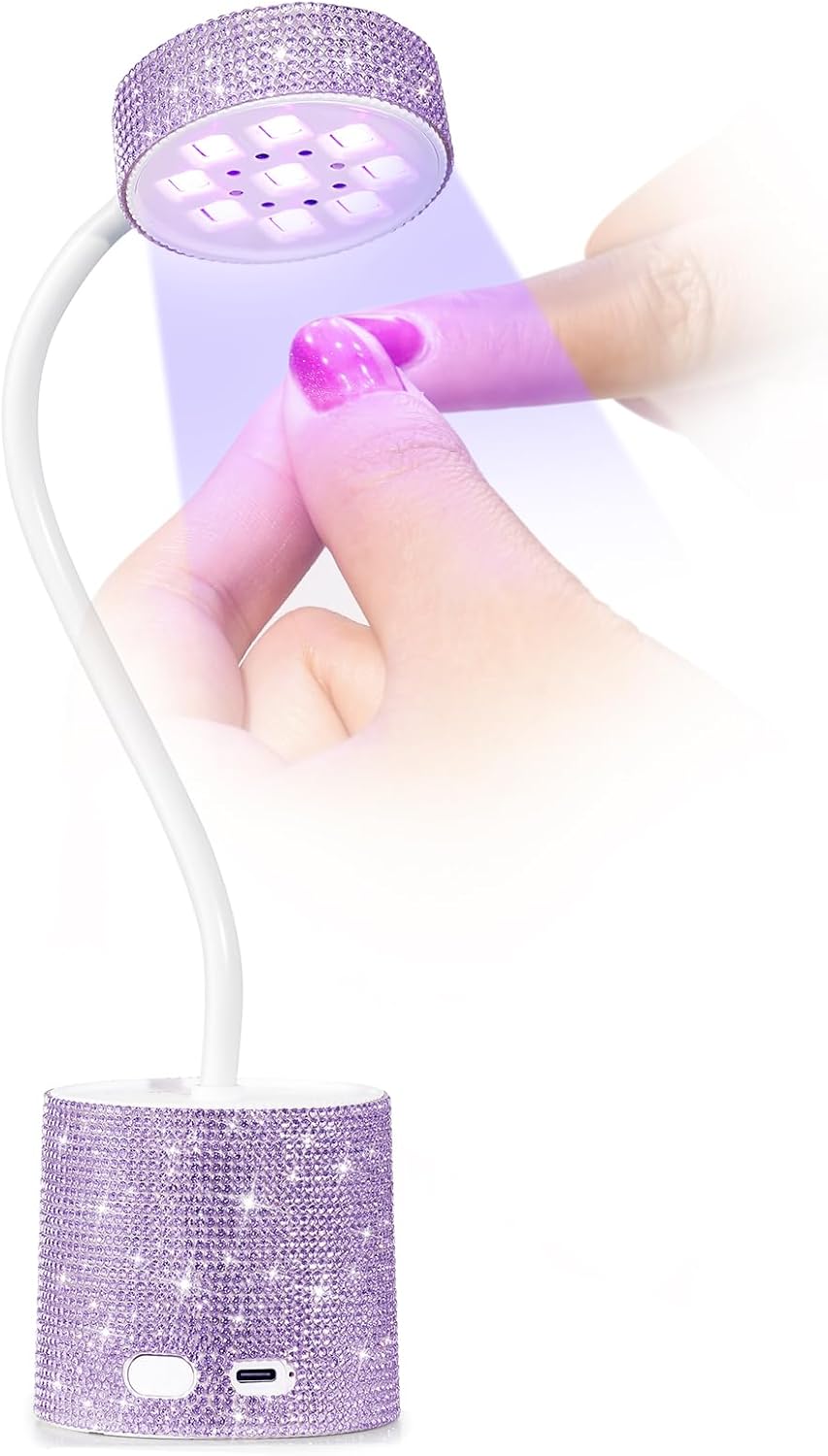 UV LED Nail Lamp, Mini UV Light for Gel Nails Polish, Rechargeable LED Flash Cure Nail Dryer, Quick Drying Goosenecks UV Nail Lamp for Home Nail Salon DIY Manicure, Purple Diamond