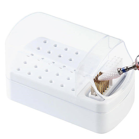 Nail Bit Holder & Nail Drill Bit Cleaner 2 in 1, 30 Holes Nail Drill Holder Organizer Nail Bit Brush Cleaner Drill Bit Holder for Nails Dustproof Stand Displayer Storage Box Tools-White