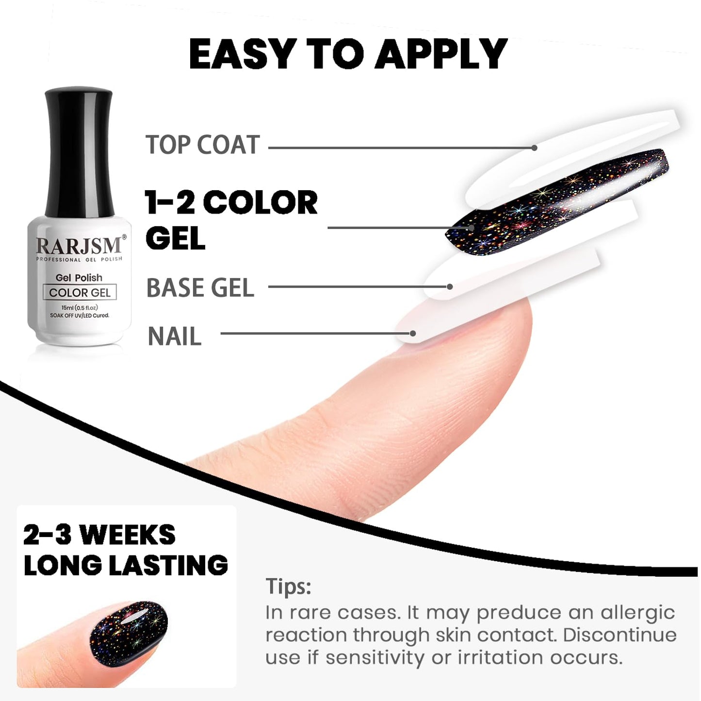 RARJSM Gel Nail Polish Black Glitter Sparkly Chunky Iridescent Rainbow Shimmer Pigments Nail Gel Polish Soak off Led UV Curing Required for Nail Art Salon Manicure 15ml Fall Winter Christmas