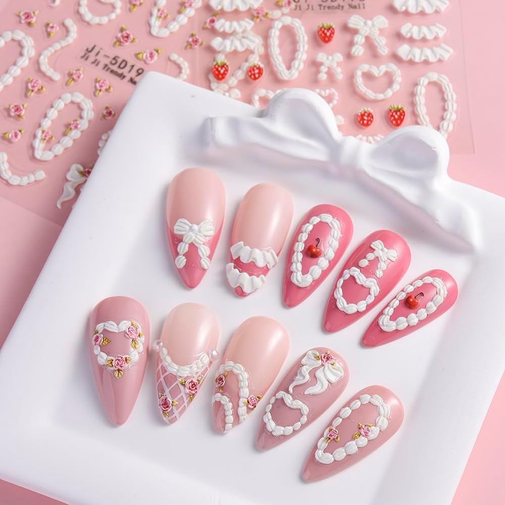 Cake Cream 5D Embossed Nail Art Stickers, 4 Sheets Cute Cream Chain Pleated Skirt Edge French Nail Decals Strawberry Cherry Rose Heart Self Adhesive DIY Nail Supplies for Women Girls