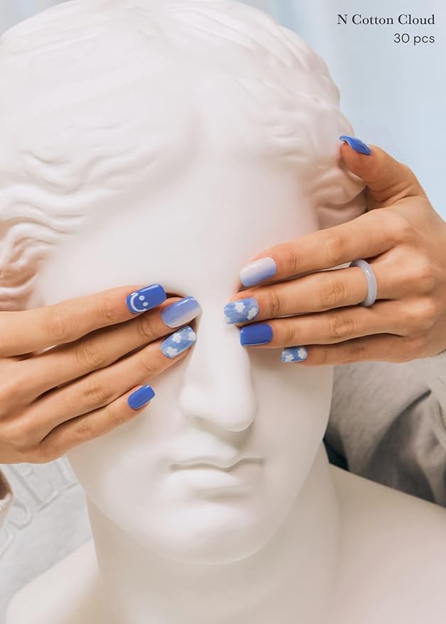ohora Semi Cured Gel Nail Strips (N Cotton Cloud) - Blue, Patterned, Works with UV/LED Lamps, Salon-Quality, Long Lasting, Easy to Apply & Remove - Includes 2 Prep Pads, Nail File & Wooden Stick