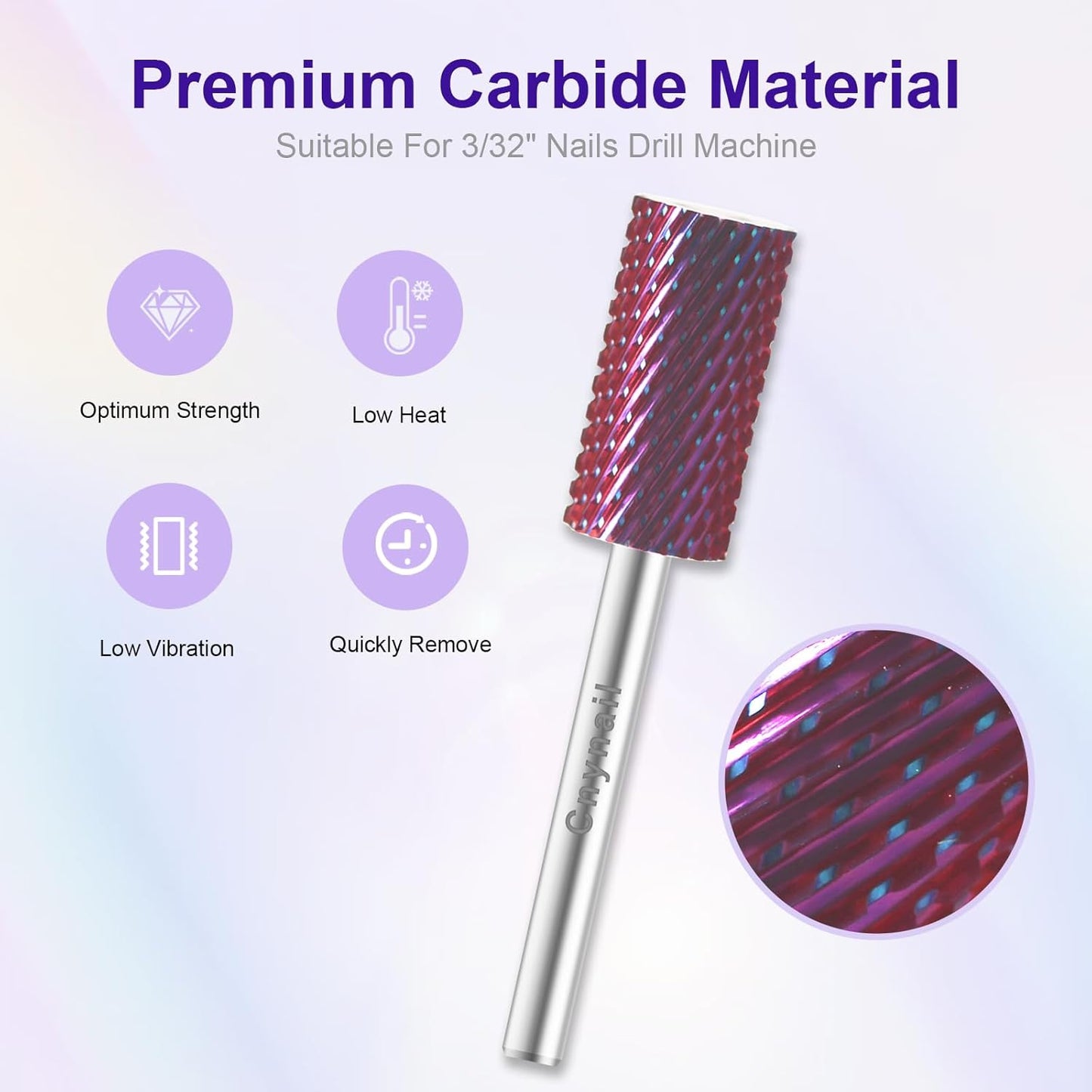 3/32" Large Barrel Bit Tungsten Carbide Nail Drill Bit Safety Bit for Gel & Acrylic Removal, 2- Way Rotating Efile Tip, Salon Electric File Accessory (C Girt, Purple)