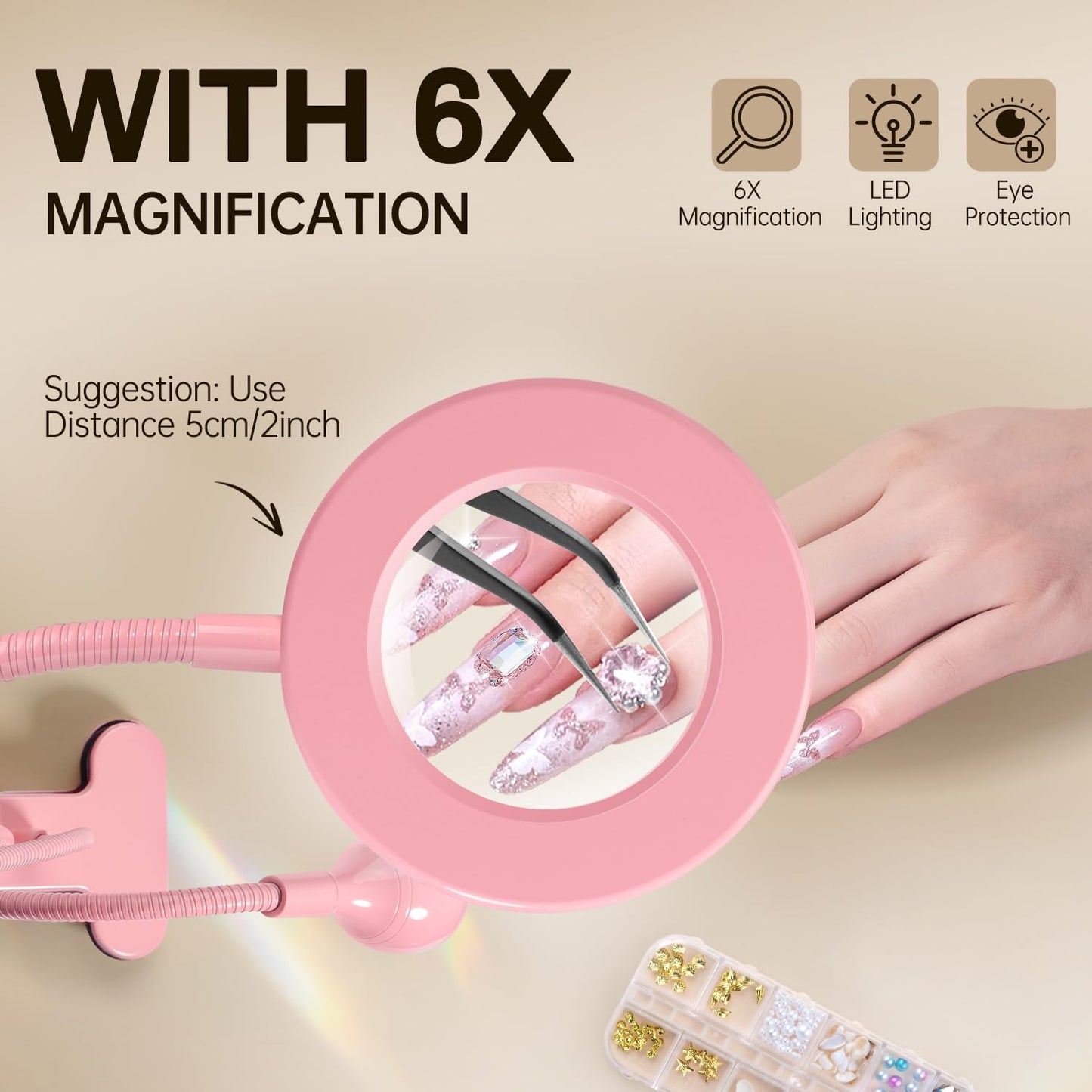 AORAEM LED UV Nail Lamp: Double-Headed Gooseneck U V Lamp for Gel Nails, LED Flash Cure Light with 6X Magnifier Home DIY Salon, Pink