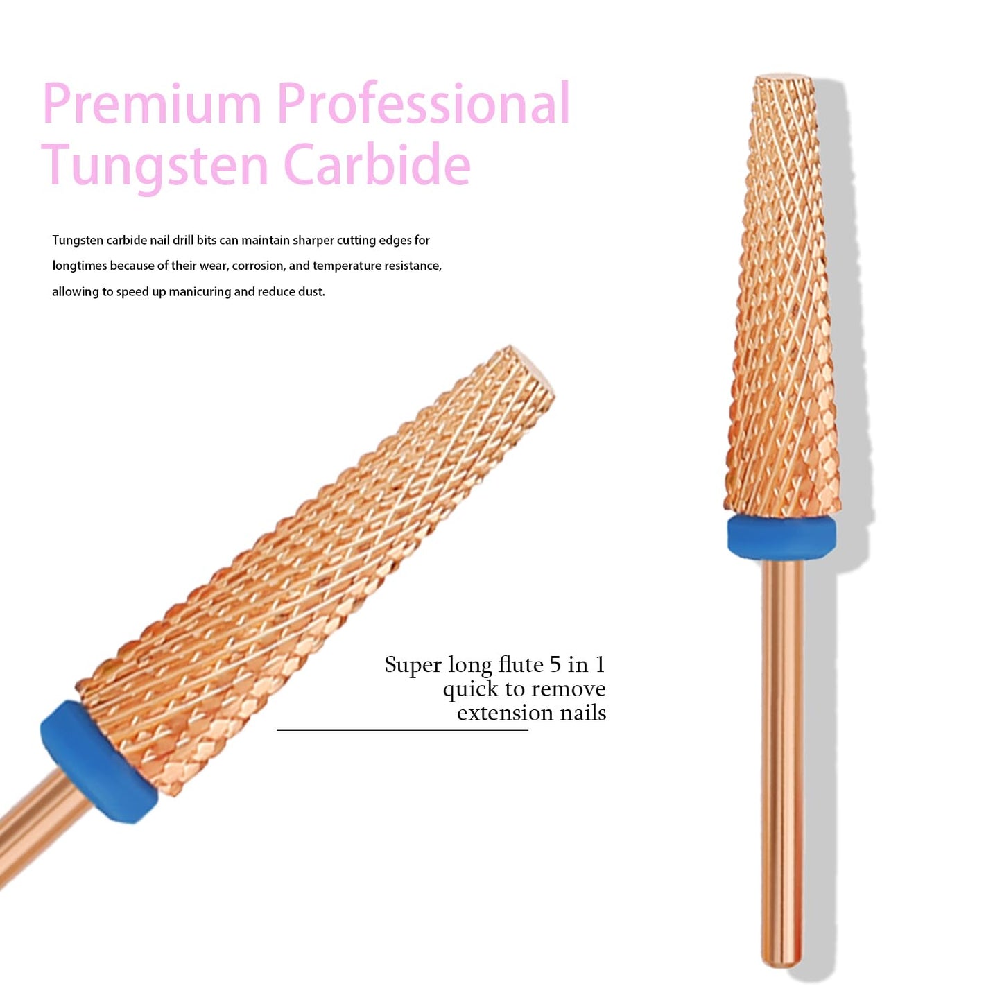 Super Long 5 in 1 Nail Drill Bits, Professional 3/32'' Carbide Tungsten Two Way Rotary Nail Cleaner Nail Bits, Suitable for Manicure Pedicure Cuticle Gel Polishing Acrylic Nails (Rose Gold, Medium-M)