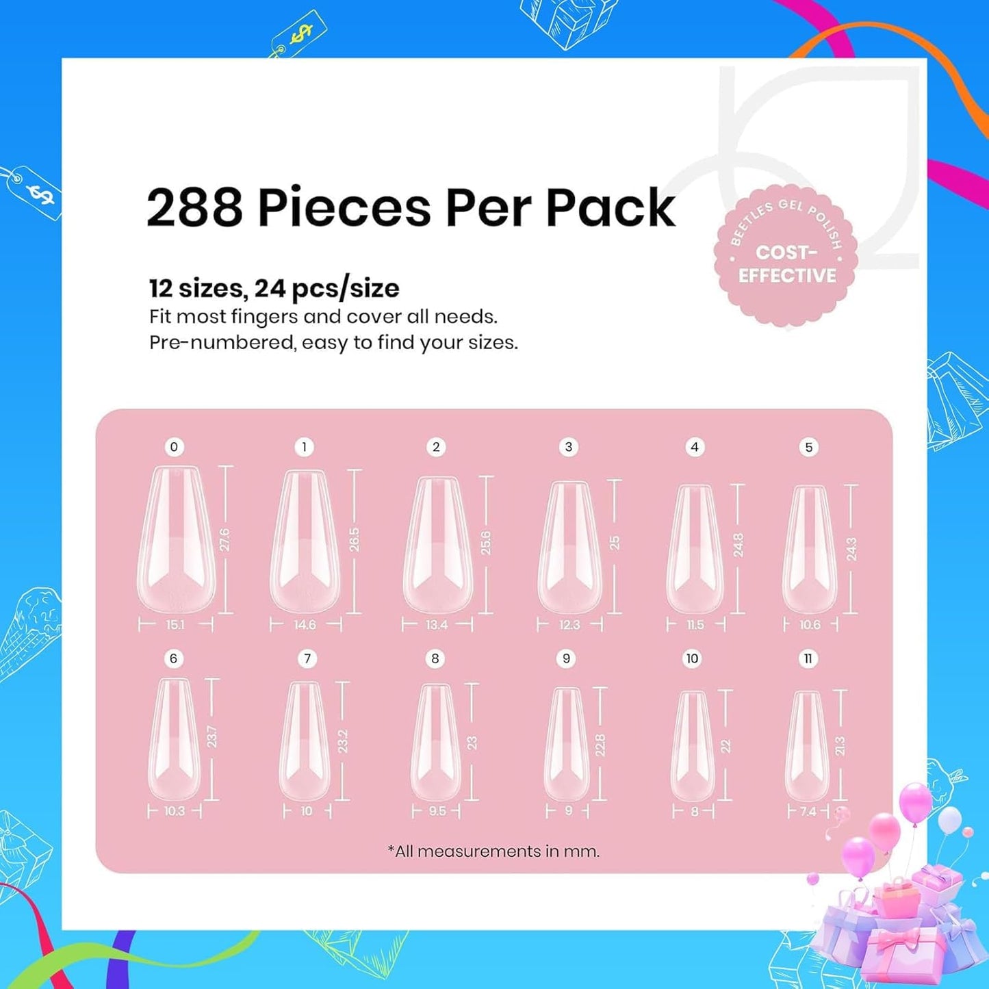 Beetles Gel Nail Tips Medium Coffin Etch X Nail Tips, 12 Sizes 288Pcs Pre Shaped Half Matte Press On Nails Full Cover False Nails for Pastel Spring Nails Acrylic Fake Nails Nail Extensions Kit