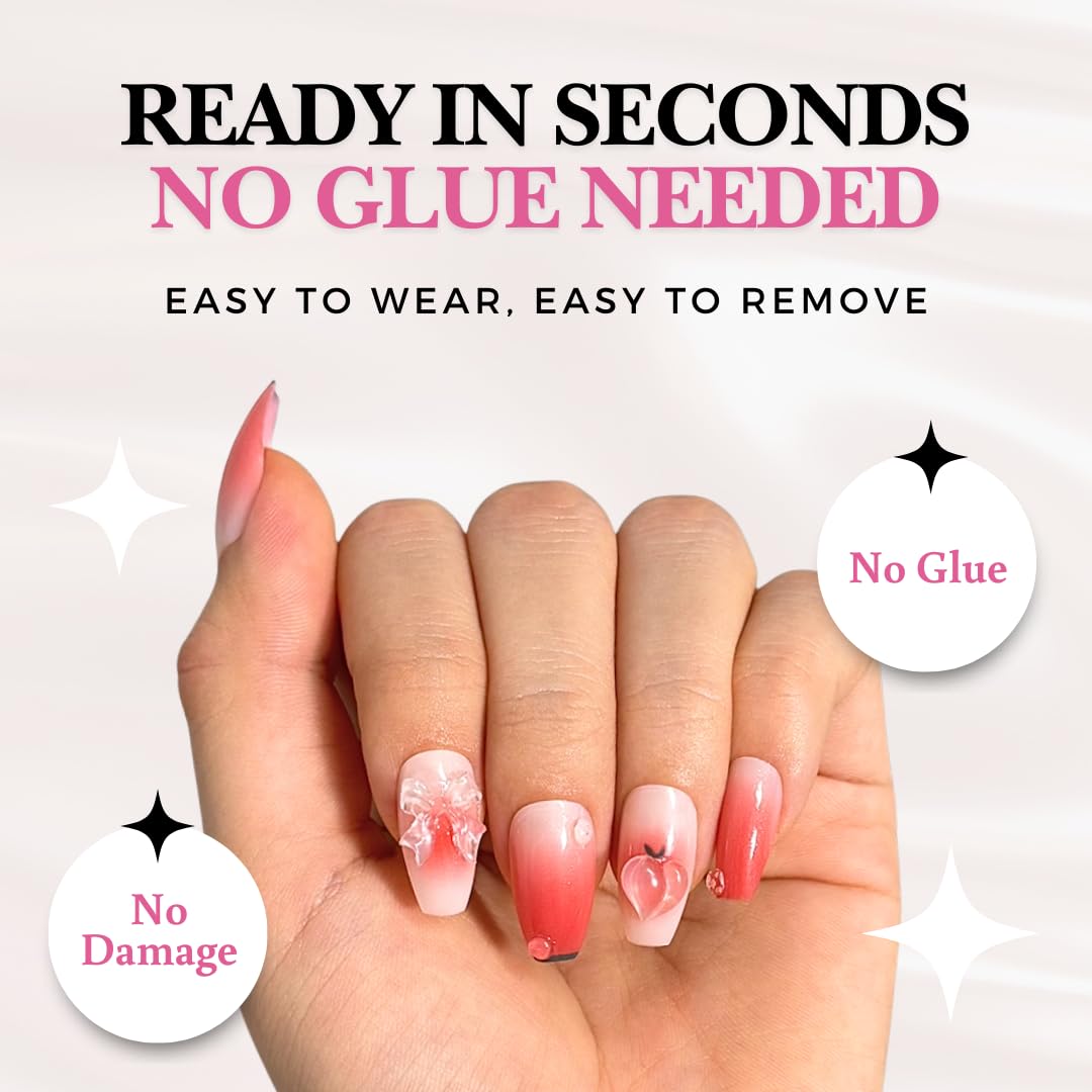 Perfect Look Press On Nails - Peach Bow | No Glue One-Day Short Coffin Nails, Red Ombre Nails with 3D Ribbon Charms - 24 Pcs Nail Kit with Adhesive Tabs