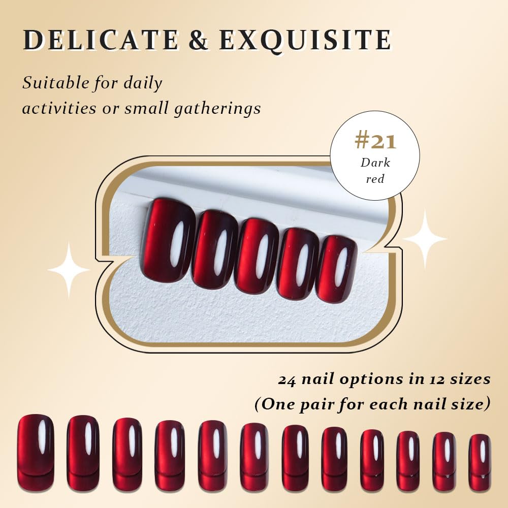 Blood Red Cat Eye Halloween Press on Nails Medium Square, Medium Square Glue on Nails for Women Gift, Dark Red Holographic Glitter Glossy Reusable Stick Gel Press on Acrylic Fake Nail with Designs