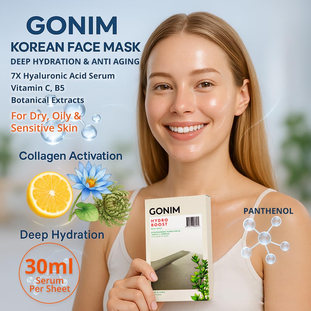 GONIM Face Mask Korean Skin Care with Hyaluronic Acid Serum & Collagen Activation, Face Masks Skincare with Vitamin C, Moisturizing Sheet Mask for All Skin, Korean Face Mask Travel Essentials 5 Sheets
