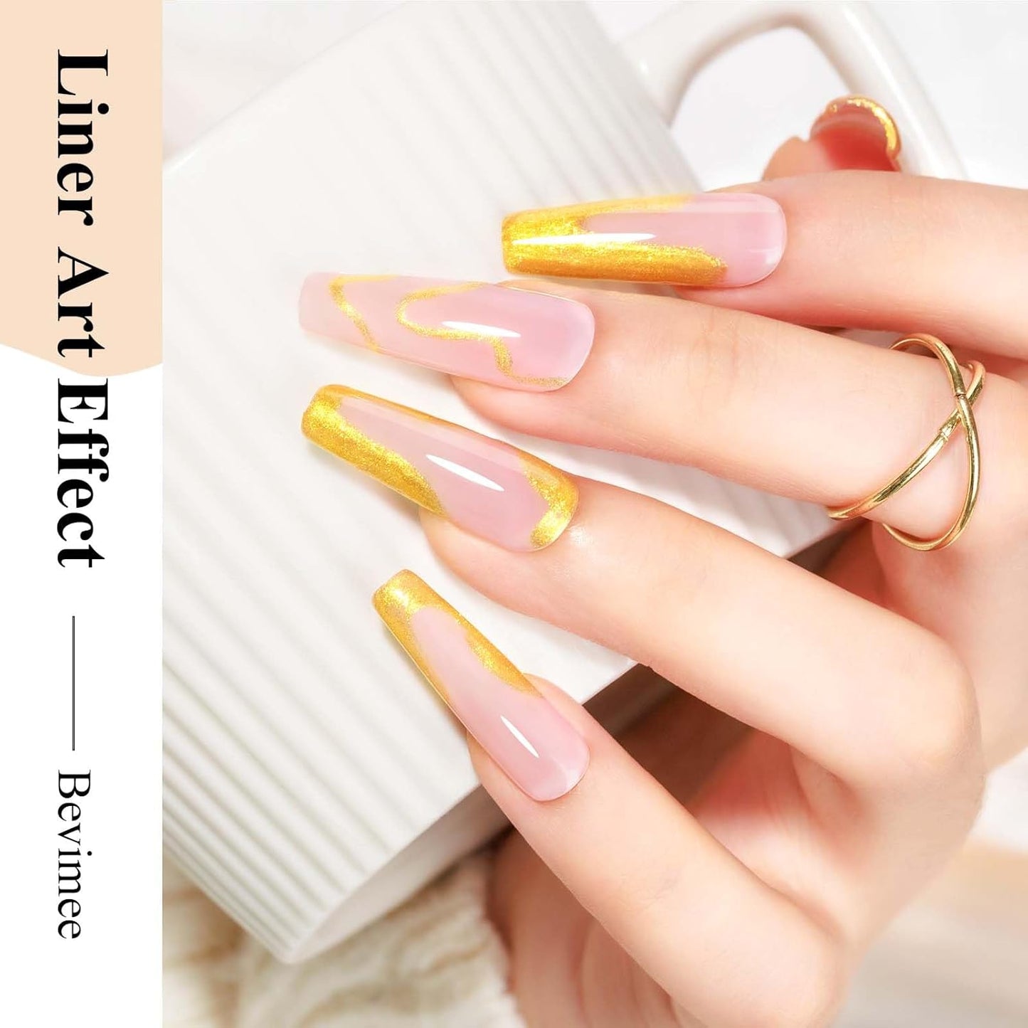 Gold Nail Polish Liner, Air Quick Dry, Chrome Metallic Nail Lacquer Non Gel Liner, Glitter Build-in Thin Brush Nail Art, 12ml