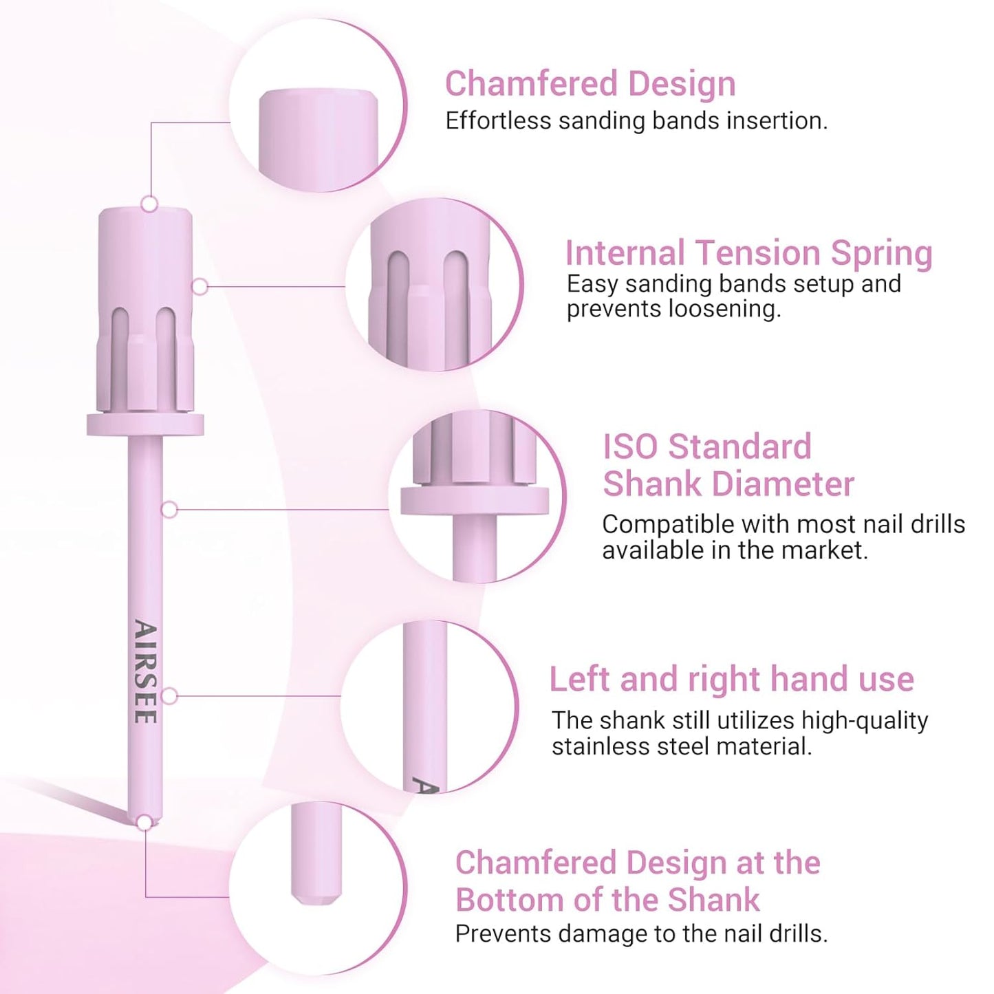AIRSEE Nail Drill Mandrel Bit for Efile Sanding Bands, Stainless Steel Professional Electric File Head for Clean Cuticle Removing, Acrylic Tip Dead Skin Sander Remover Manicure Safety (Pistil Pink)