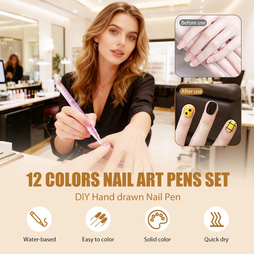 12 Colors Nail Art Pens Set, 2026 New Nail Art Markers for Gel Nails, Nail Art Tools for 3D Nail Art, Nail Art Markers Polish Pen for Graffiti Dotting Drawing Painting Point Liner DIY